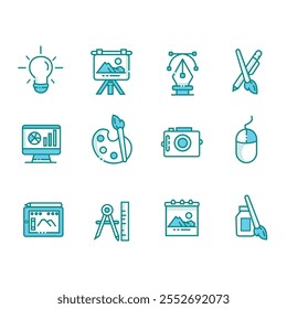 Blue art tools and drawing equipment icons.