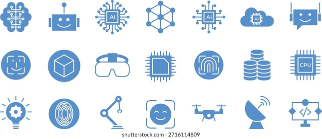 Inteligência artificial azul e tecnologia ícones conjunto incluindo chip AI, robô, aprendizagem de máquina, rede neural, AI nuvem e símbolos de tecnologia inteligente.