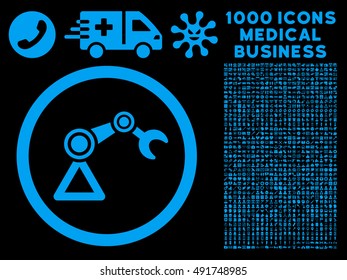 Blue Artificial Manipulator vector rounded icon. Image style is a flat icon symbol inside a circle, black background. Bonus clip art has 1000 medicine business design elements.