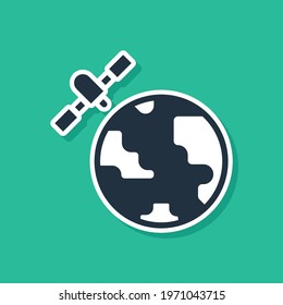 Blue Artificial satellites orbiting the planet Earth in outer space icon isolated on green background. Communication, navigation concept.  Vector