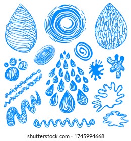 Blaue künstlerische Wasserelemente. Tropfen, Blasen, Puddeln, blaue Wirbel 