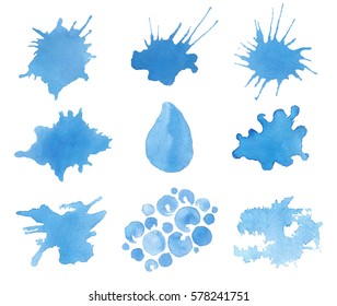 Blue artistic water elements. Set of watercolor blue background. Watercolor textures