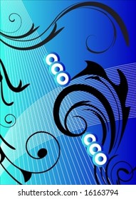 Blue artwork with floral elements and circles