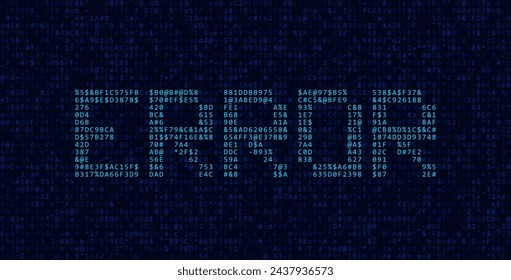 Palabra de error de arte ASCII azul hecha de letras y números aleatorios. Error de código binario oscuro. Concepto de filtración de datos digitales protegidos. Malware de base de datos de ataques de hackers. Fondo del vector de la seguridad cibernética.