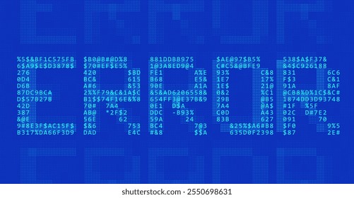 Blue ASCII Art ERROR Word Made from Random Letters and Numbers (Palavra de erro de arte ASCII azul feita de letras e números aleatórios). Erro de código binário escuro. Conceito de vazamento de dados digitais protegidos. Malware do Banco de Dados de Ataques de Hacker. Histórico do vetor de segurança cibernética.