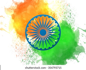 Blue Ashoka Wheel on National Flag colours splash background for Happy Indian Republic Day celebration.