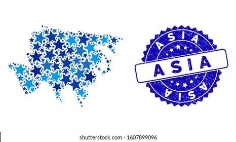 Blue Asia map composition of stars, and grunge rounded seal. Abstract geographic plan in blue color tints. Vector Asia map is designed with blue stars. Designed for political and patriotic propaganda.