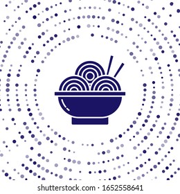 Blue Asian noodles in bowl and chopsticks icon isolated on white background. Street fast food. Korean, Japanese, Chinese food. Abstract circle random dots. Vector Illustration