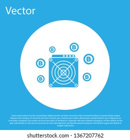 Blue ASIC Miner icon isolated on blue background. Cryptocurrency mining equipment and hardware. Application specific integrated circuit. White circle button. Flat design. Vector Illustration