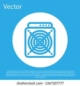 Blue ASIC Miner icon isolated on blue background. Cryptocurrency mining equipment and hardware. Application specific integrated circuit. White circle button. Flat design. Vector Illustration