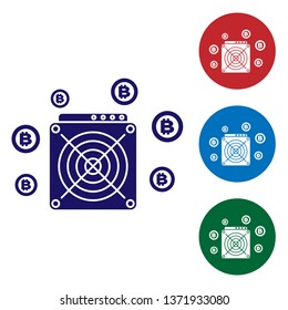 Blue ASIC Miner icon isolated on white background. Cryptocurrency mining equipment and hardware. Application specific integrated circuit. Set color icon in circle buttons. Vector Illustration