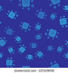 Blue ASIC Miner icon isolated seamless pattern on blue background. Cryptocurrency mining equipment and hardware. Application specific integrated circuit. Vector Illustration