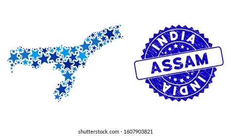 Blue Assam State map collage of stars, and scratched round stamp seal. Abstract territorial scheme in blue shades. Vector Assam State map is designed of blue stars.