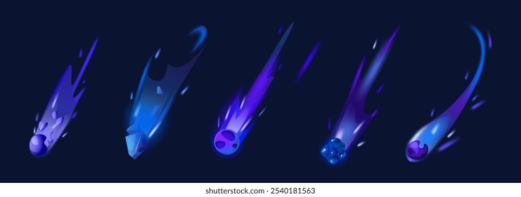 asteroide azul com fogo. Trilha de meteoros espaciais no vetor do céu. Queda de pedra de meteorito com efeito de cauda de brilho flare para chuveiro cósmico. Ilustração de velocidade do planeta rock com luz de flash neon cintilante