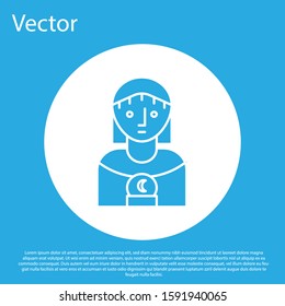 Blue Astrology woman icon isolated on blue background. White circle button. Vector Illustration