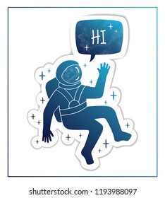 Blue astronaut in spacesuit raises hand in salute. Speech bubble with greeting Hi