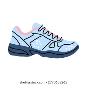 Blue athletic sneakers for walking and running. Flat vector footwear illustration with laces and rubber sole. Comfortable sports shoe isolated on white.