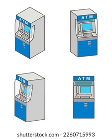 Blue ATM icon set, four different angles, Included outline