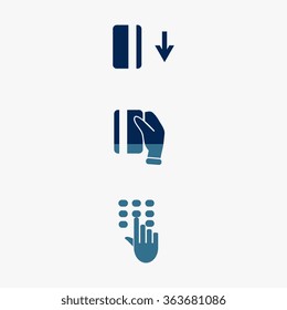 Blue ATM keypad and POS-Terminal - simple icons of hand with credit card