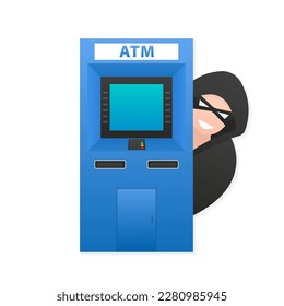 Blue ATM Payment Terminal. Flat design of ATM terminal. Thief A hacker steals confidential data and money from an ATM. Fishing, ATM skimming. Business cashpoint, deposit. Vector illustration