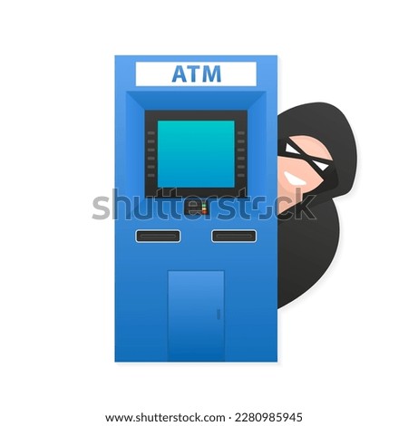 Blue ATM Payment Terminal. Flat design of ATM terminal. Thief A hacker steals confidential data and money from an ATM. Fishing, ATM skimming. Business cashpoint, deposit. Vector illustration