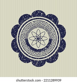 Blue atom icon inside distress rubber grunge texture stamp. 