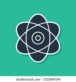 Blue Atom icon isolated on green background. Symbol of science, education, nuclear physics, scientific research. Electrons and protons sign.  Vector Illustration