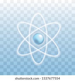 Blue atom icon isolated on transparent background - shiny atom whirl symbol, vector illustration. Chemical element sign with glowing white outline.