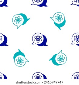 Blue Atom icon isolated seamless pattern on white background. Symbol of science, education, nuclear physics, scientific research.  Vector