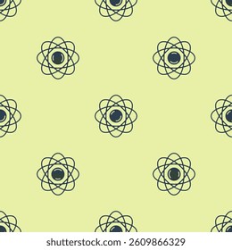 Blue Atom icon isolated seamless pattern on yellow background. Symbol of science, education, nuclear physics, scientific research.  Vector