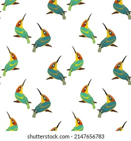 Blue atthis bird or common kingfisher vector illustration isolated on white seamless pattern. Small bird with long beak and blue feather cartoon vector. Alcedo atthis small kingfisher paradie bird.