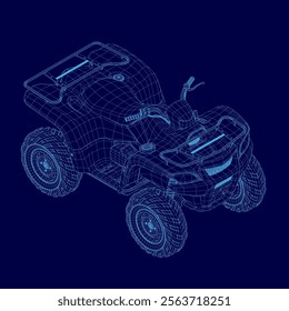 Blue atv with a engine and handle. The atv is shown in a 3D. Isometric view