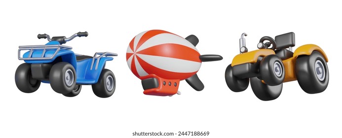 Blue ATV, striped airship, yellow tractor. Set of vehicles for work, travel, entertainment, sports