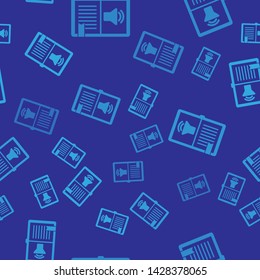 Blue Audio book icon isolated seamless pattern on blue background. Audio guide sign. Online learning concept.  Vector Illustration