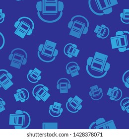 Blue Audio book icon isolated seamless pattern on blue background. Book with headphones. Audio guide sign. Online learning concept.  Vector Illustration