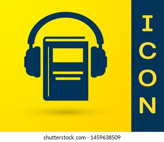 Blue Audio book icon isolated on yellow background. Book with headphones. Audio guide sign. Online learning concept.  Vector Illustration