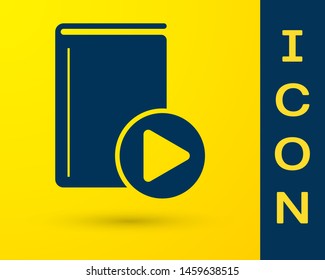 Blue Audio book icon isolated on yellow background. Play button and book. Audio guide sign. Online learning concept.  Vector Illustration