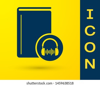 Blue Audio book icon isolated on yellow background. Book with headphones. Audio guide sign. Online learning concept.  Vector Illustration