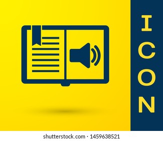 Blue Audio book icon isolated on yellow background. Audio guide sign. Online learning concept.  Vector Illustration