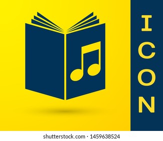 Blue Audio book icon isolated on yellow background. Musical note with book. Audio guide sign. Online learning concept.  Vector Illustration