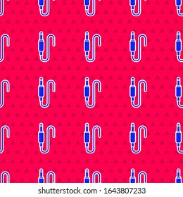 Icono de jack de audio azul aislado sin fisuras en fondo rojo. Cable de audio para equipos de sonido de conexión. Cable de enchufe. Instrumento musical.  Ilustración vectorial
