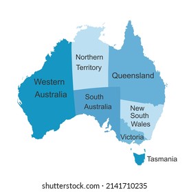 Blue Australian map vector silhouette illustration isolated on white background. Separated countries over Australia map. Continent symbol. Queensland map. New South Wales. Victoria. Tasmania. 