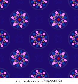 Blue authentic ornament seamless pattern. Repeat arabesque ethnic background. Vector illustration.