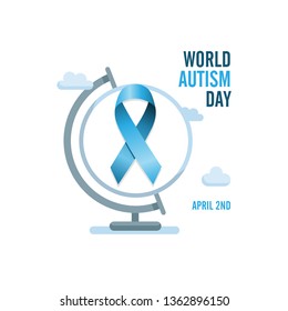 Blue autism ribbon with text and globe. International autism awareness day
