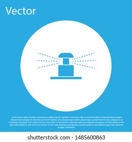 Blue Automatic irrigation sprinklers icon isolated on blue background. Watering equipment. Garden element. Spray gun icon. White circle button. Vector Illustration