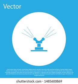Blue Automatic irrigation sprinklers icon isolated on blue background. Watering equipment. Garden element. Spray gun icon. White circle button. Vector Illustration
