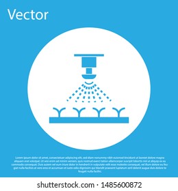 Blue Automatic irrigation sprinklers icon isolated on blue background. Watering equipment. Garden element. Spray gun icon. White circle button. Vector Illustration