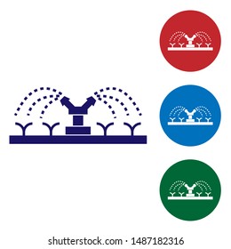 Blue Automatic irrigation sprinklers icon isolated on white background. Watering equipment. Garden element. Spray gun icon. Set color icon in circle buttons. Vector Illustration