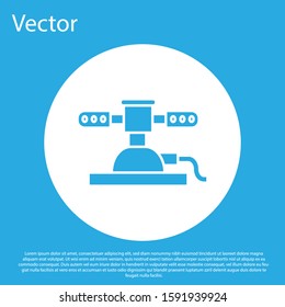 Blue Automatic irrigation sprinklers icon isolated on blue background. Watering equipment. Garden element. Spray gun icon. White circle button. Vector Illustration