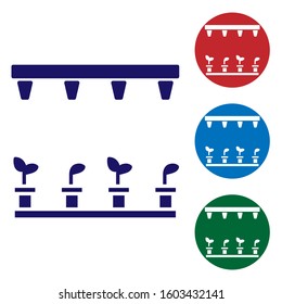 Blue Automatic irrigation sprinklers icon isolated on white background. Watering equipment. Garden element. Spray gun icon. Set color icons in circle buttons. Vector Illustration